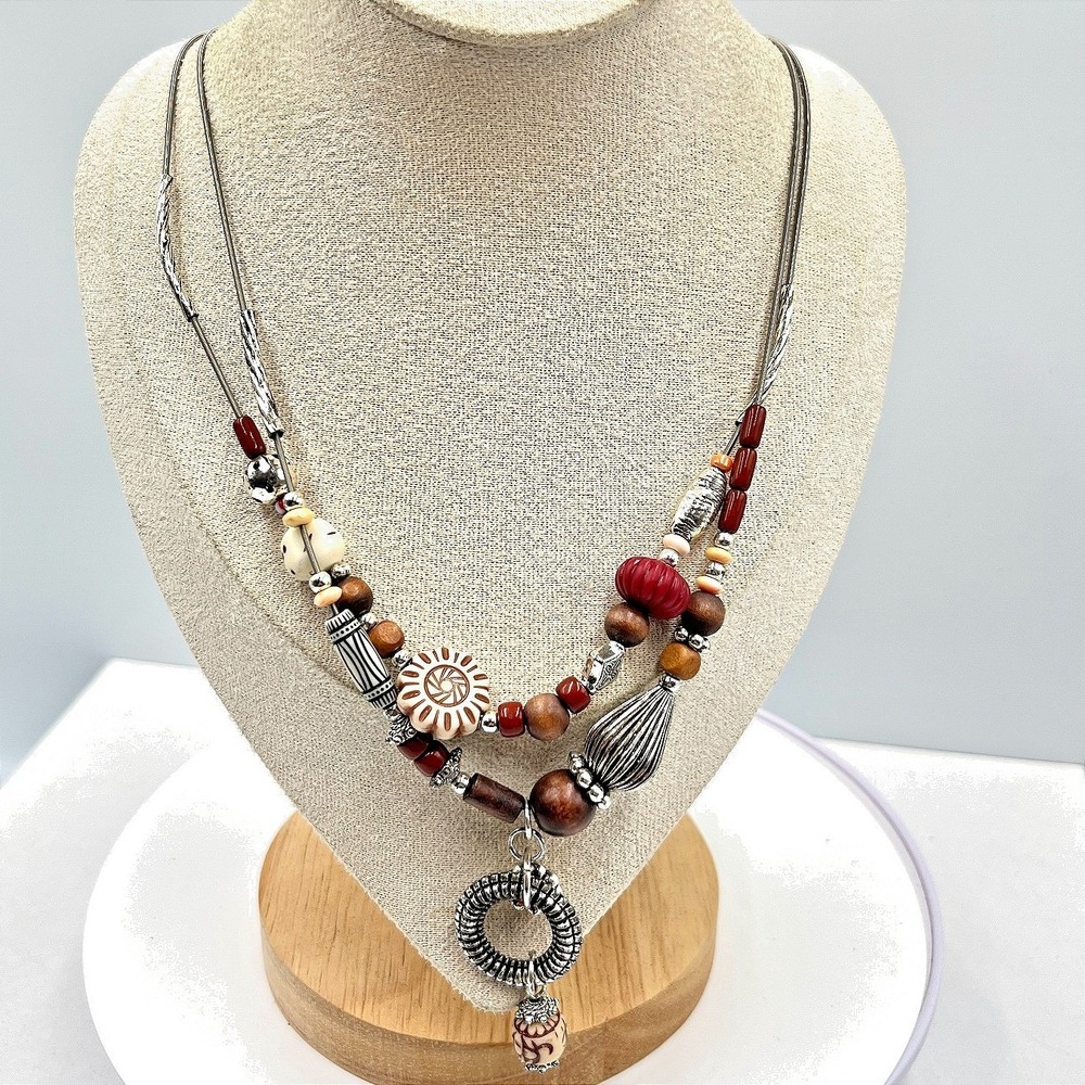 Vintage Boho Mixed Media Double‎ Strand Necklace Wood Bone Glass Beads Tribal